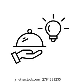 Food cloche in server hand and light bulb. Dining ideas, delivery and restaurant innovation. Pixel perfect, editable stroke vector icon