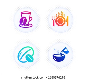 Food, Coffee cup and Soy nut icons simple set. Button with halftone dots. Cooking water sign. Cutlery, Latte drink, Vegetarian food. Glass. Food and drink set. Gradient flat food icon. Vector