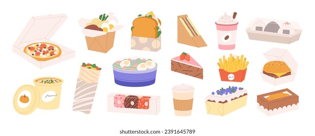 Food and coffee to go. Sandwiches and salads, takeaway pizza and sushi. Take out meal carton or paper and plastic packs and containers, racy vector set