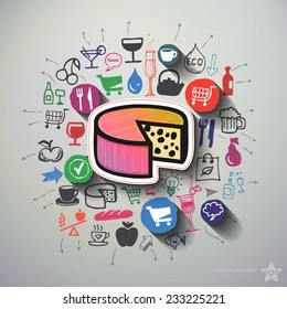 Food collage with icons background. Vector illustration