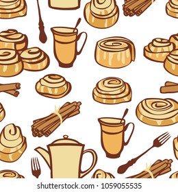 Food collection Afternoon tea with cinnamon buns Bakery spices Seamless pattern