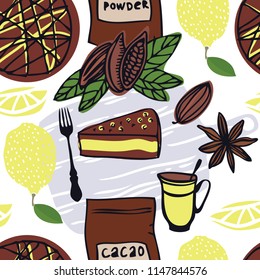 Food Collection Cacao cake with lemon Seamless pattern