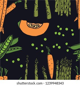 Food collection Carrots and peas Black background Seamless pattern set