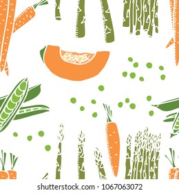 Food collection Carrots and peas Seamless pattern