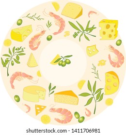 Food collection in a circle.  Including shrimp, lemon wedges, cheese, olive twigs.  For kitchen design and cooking items, plates, menus and more.