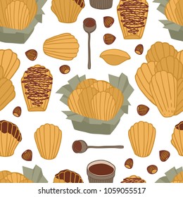 Food collection Delicious chocolate madeleines with Hazelnut Seamless pattern