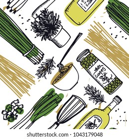 Food Collection Delicious pasta, white capers and olive oil Seamless pattern