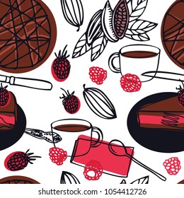Food collection Delicious raw vegan cake with raspberries Cocoa beans Seamless pattern