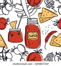 Food collection Delicious salsa Tomatoes, chili peppers and chips Seamless pattern