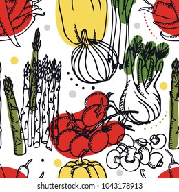 Food Collection Fresh vegetables Tomatoes, sweet pepper and asparagus Seamless pattern