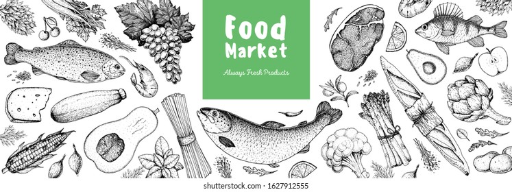 Food collection, hand drawn sketch. Vector illustration. Vegetables, fruits, meat, bread hand drawn. Organic food set. Good nutrition pattern. Hand drawn food design elements.