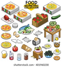 Food collection, including items like pizza with matching boxes, salad, strawberries, toast, bell-pepper, fruit, bagel, butter, cutlery, beverages and dishes. Isometric vector set.