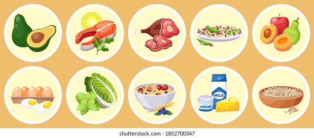 Food Collection Isolated In Circles, Healthy Meal With Vitamins And Nutrition, Diet Food, Avocado, Salmon, Red Meat, Legumes And Beans, Fruits, Eggs, Chinese Cabbage, Oatmeal, Dairy Products, Quinoa