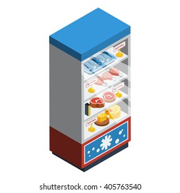 Food collection isometric abstract with fridge full of meat cheese fish and chicken vector illustration