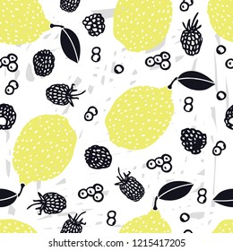 Food collection Lemons Hand drawn Blueberry and blackberries Seamless pattern set