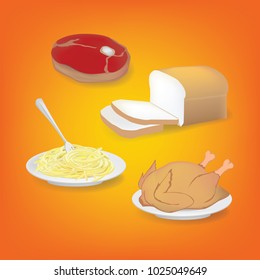 food collection. meat, bread, fried chicken, noodle