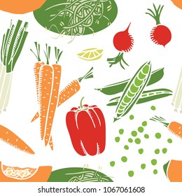Food collection Pumpkin, carrots and soybean sprouts Seamless pattern