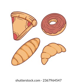 Food Collection Set of Pizza, Donut, Bread and Croissant