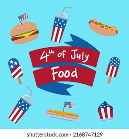 food collection with the theme of the 4th of july celebration like hotdog, hamburger, cupcakes, pancake, ice cream and soda