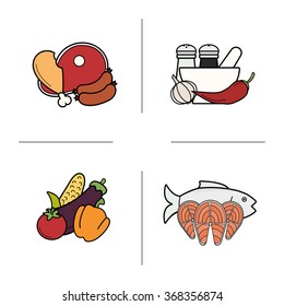 Food color icons set. Grocery store food products categories. Raw meat, vegetables, salmon fish fillet and different spices. Diet nutrition symbols. Logo concepts.Vector isolated illustrations