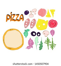 Food color illustration, pizza ingredients, set to advertise restaurant business, vector illustration