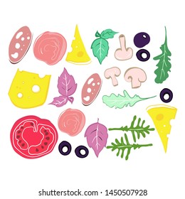 Food color illustration, pizza ingredients, set to advertise restaurant business, vector illustration