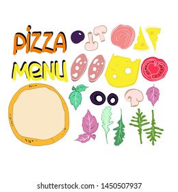 Food color illustration, pizza ingredients, set to advertise restaurant business, vector illustration