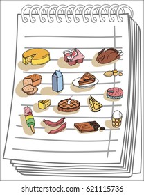 Food color set on notebook background. Free hand drawn. Vector illustration. Cheese, meal, bread, cake, fish, milk, yogurt, ice cream, chocolate, eggs, pie.