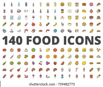 Food colored icon meat and icecream sweets, fish