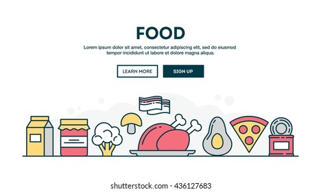 Food, colorful concept header, flat design thin line style, vector illustration