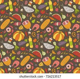 Food. Colorful seamless pattern in Doodle and cartoon style