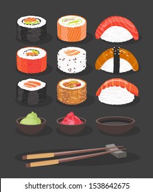 Food. Colorful sushi rolls set of different types chopsticks and bowls with wasabi soy ginger isolated vector illustration