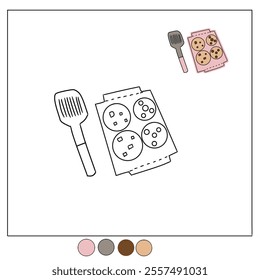 food coloring book. food pictures and brush with four cookies. Chocolate chip cookie illustration material set