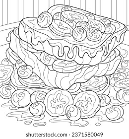 Food coloring page, banana and blueberries sandwich. Delicious toasts. Hand-drawn printable vector illustration for coloring book