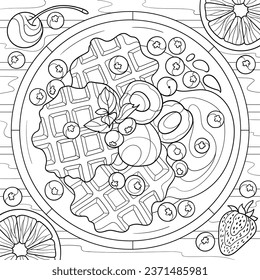 Food coloring page, belgian waffles with fruits dessert. Tasty sweet breakfast idea with apricot, plum, cherry, citrus, blueberry, strawberry