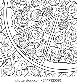 Food coloring page, cake with cherries, blueberries and raspberries on the wooden table, surrounded by sweets, top view. Sweet treats, delicious bakery, dessert menu