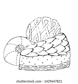 Food coloring page with cake or cupcake, candy. Vector dessert. Sweet dessert coloring book. Vector isolated dessert. Contour image