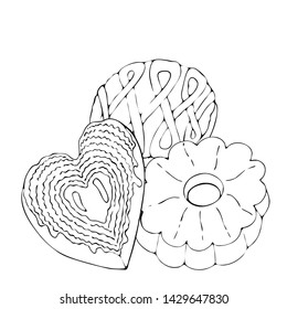 Food coloring page with cake or cupcake, candy. Vector dessert. Sweet dessert coloring book. Vector isolated dessert. Contour image