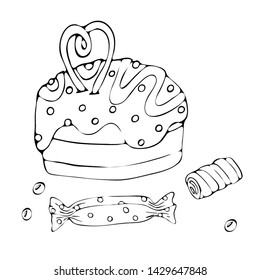 Food coloring page with cake or cupcake, candy. Vector dessert. Sweet dessert coloring book. Vector isolated dessert. Contour image