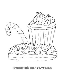 Food coloring page with cake or cupcake, candy. Vector dessert. Sweet dessert coloring book. Vector isolated dessert. Contour image