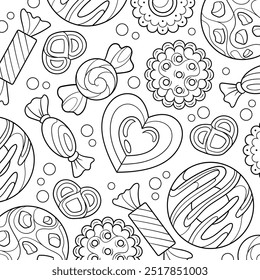 Página para colorear de alimentos con galletas, galletas, galletas saladas, pretzel, chispas de chocolate, galletas en forma de corazón, caramelos vista superior. Imagen imprimible para colorear para el libro de colorear de alimentos