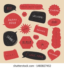 Food comic speech bubbles set with different emotions or set of comic text, pop art style. Vector bright dynamic cartoon illustrations.