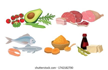 Food Compositions with Fish, Meat and Vegetables as Source of Vitamins Vector Set