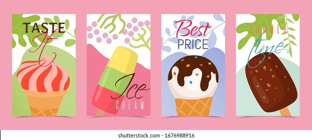 Food concept, colorful ice cream on cards isolated on pink, vector illustration. Sweet summer desserts with chocolate in waffle cones. Collection of appetizing set on sticks with advertising text