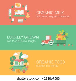 Food concept flat icons set restaurant menu organic milk locally grown vegetables vector web illustration website banner infographics elements collection 