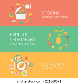 Food concept flat icons set cooking meal fruits vegetables natural grown restaurant service vector web illustration website banner infographics elements collection 