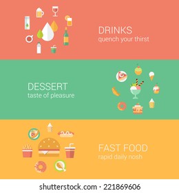 Food concept flat icons set restaurant cafe menu drinks dessert fast food vector web illustration website banner infographics elements collection 