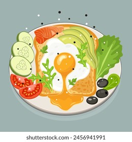 Food concept illustration with fried eggs, cucumber and tomato and olives slices on the plate. Healthy food breakfast artwork. Stock vector