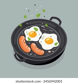 Food concept illustration with fried eggs and sausages on the pan. Healthy food breakfast artwork. Stock vector