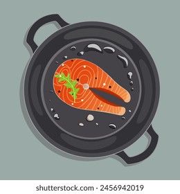 Food concept illustration with fried salmon on the pan. Healthy food artwork. Stock vector